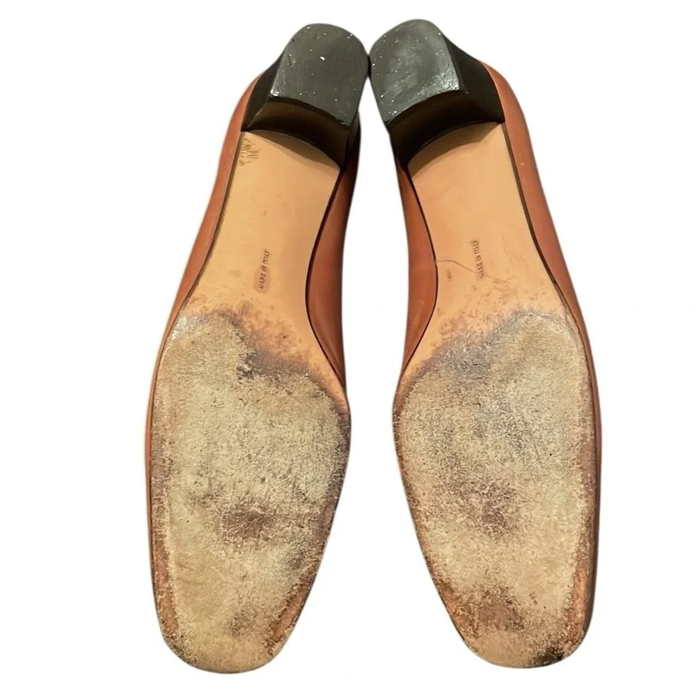Salvatore Ferragamo Women's Cognac Brown Bow Accent Block Ballet Pumps Size‎ 10